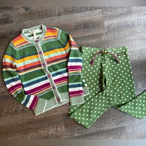 Matilda Jane Button Up Colorful Sweater & Green Polka Dot Leggings Size 8